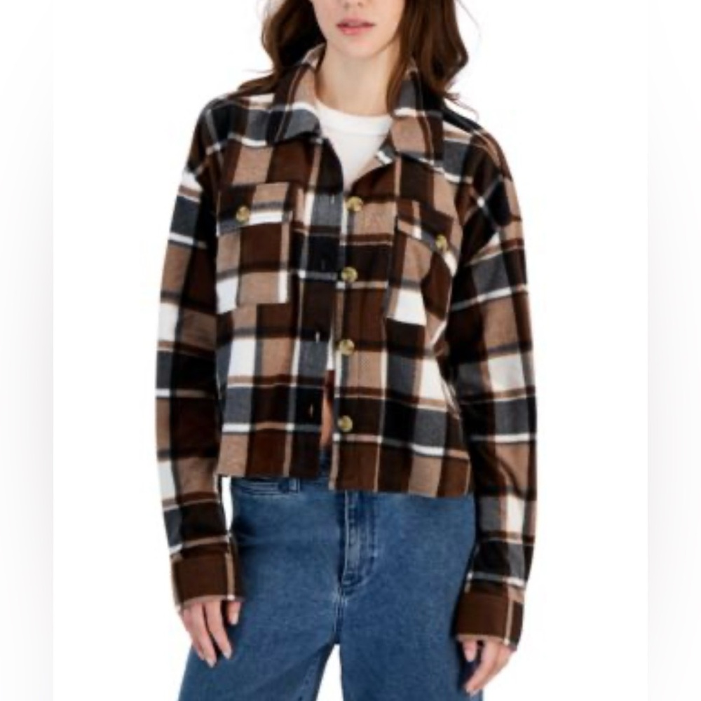 Just Polly Women’s Size XL Brown Plaid Long Sleeve Button Up Flannel Shacket